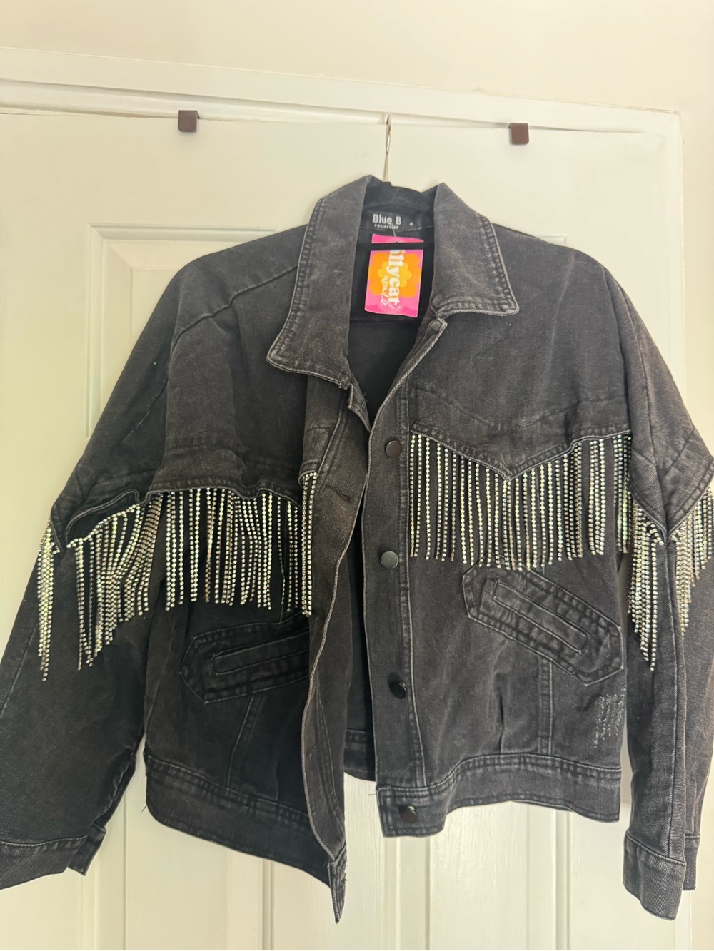 Blue B Black Jeweled Fringe Denim Jacket